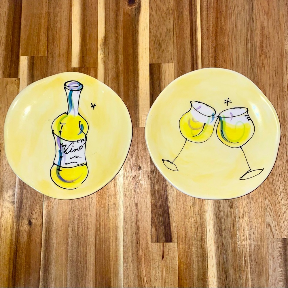 VTG Julia Junkin Studio Snack Dessert Plates Wine Themed Set of 2 Yellow Vino